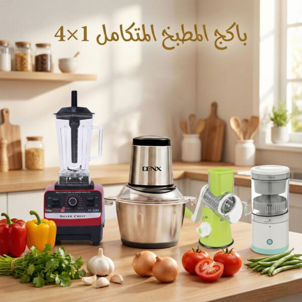 باكج المطبخ المتكامل 4×1 ( خلاط ألماني + مفرمة 3 لتر + عصارة 400 مل + مبشرة 3 في 1)