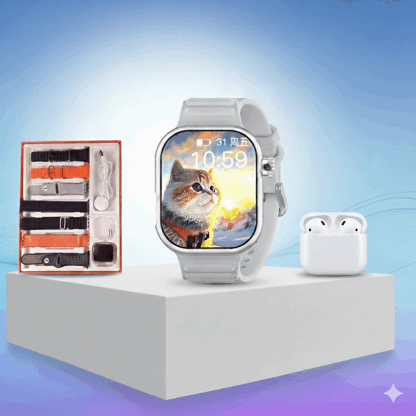 عرض (ساعة سمارت بشريحة +سماعة الترا +هدية مجانية 7 استيك +سماعة airpods)